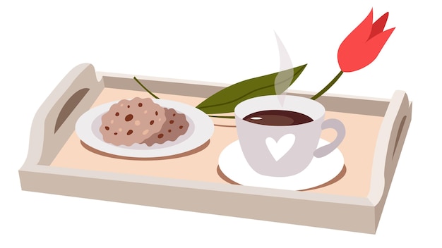 Ontbijt op houten dienblad met koffie, tulpen en haverkoekjes.