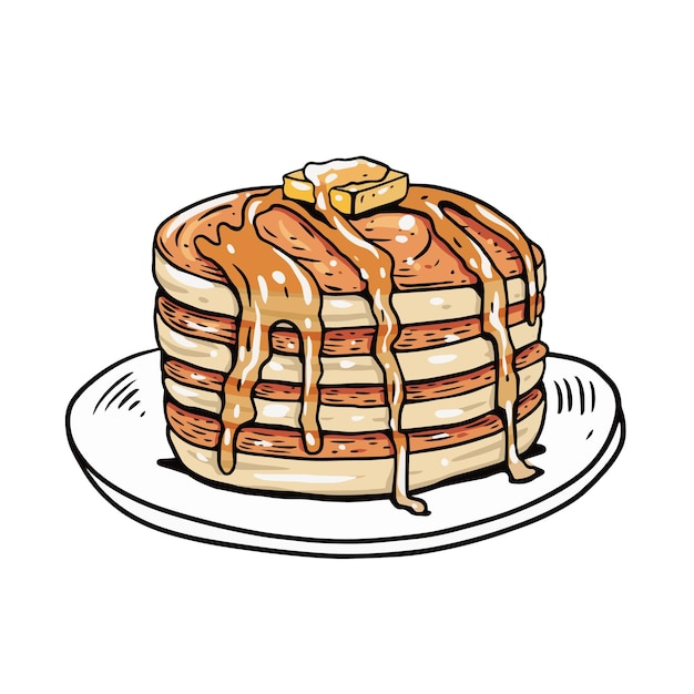 Ontbijt pannenkoeken hand getekend kleurrijke cartoon stijl zwarte omtrek stijl vector illustratie isoleren...