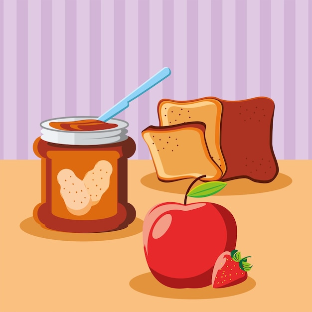 Vector ontbijt pindakaas brood en appel