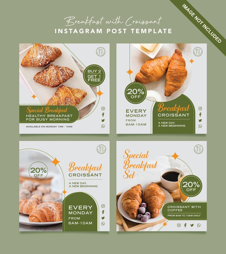 Vector ontbijt social media post-sjabloon met croissantontwerp