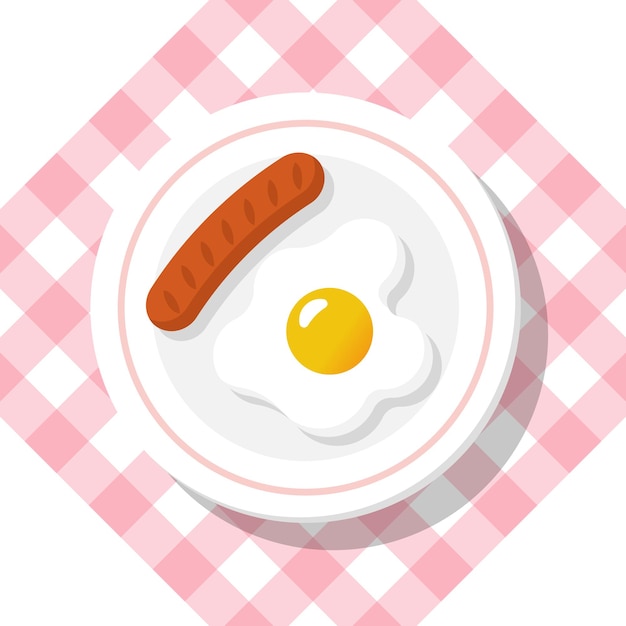 Ontbijtconcept. Smakelijk heerlijk ontbijt, gebakken ei met worst, vectorillustratie plat ontwerp. Geïsoleerd op achtergrond geruit tafelkleed.