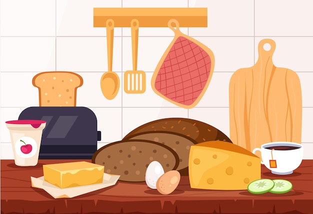 Ontbijtingrediënten voor een broodje op de keukentafel