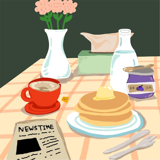 Vector ontbijtset op tafel pannenkoek melk thee jam boterlepel krantenpapier