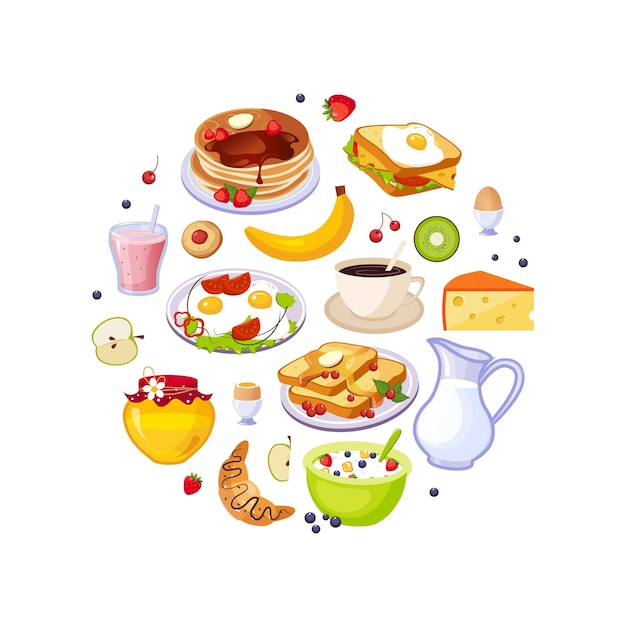 Ontbijtvoedsel van cirkelvormige vorm Verse smakelijke ontbijtgerechten Vectorillustratie