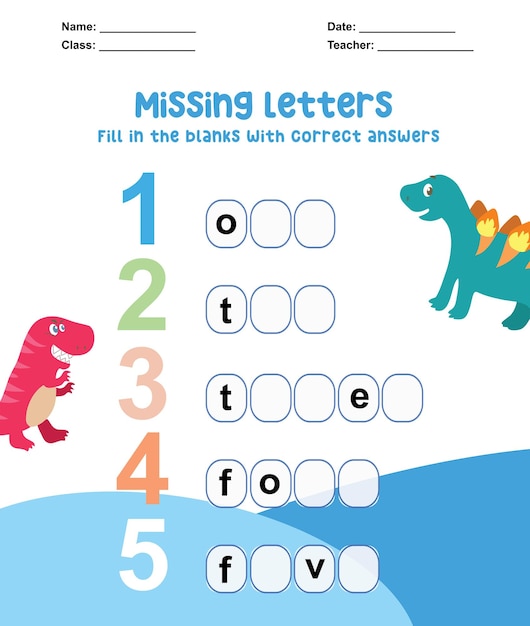 Ontbrekende letters werkblad. Vul de letters voor nummer in het Engels in. Educatief spel voor kinderen.