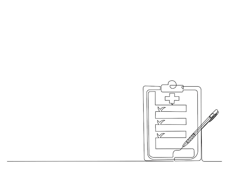 Vector ontinuous one line drawing of medical document form and clipboard with pen