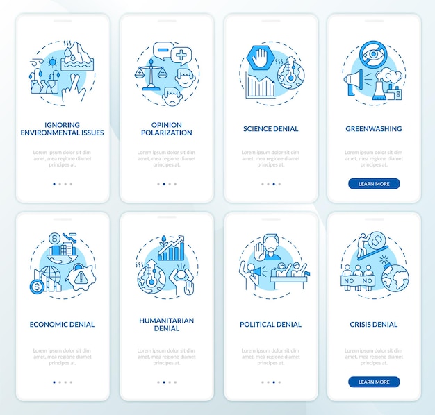 Ontkenning van klimaatverandering onboarding paginaschermset voor mobiele apps