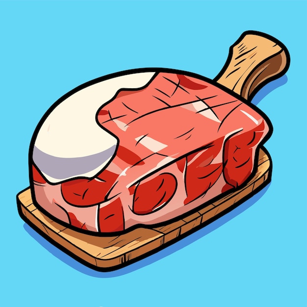 Ontmoet steak met de hand getekende platte stijlvolle cartoon sticker icoon concept geïsoleerde illustratie