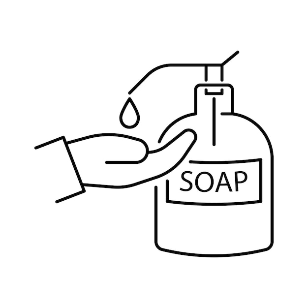Ontsmettingsmiddel met handen Vloeibare zeep Eenvoudig ontwerp Lijnvector Isoleren op witte achtergrond