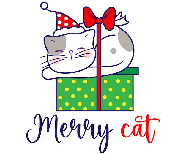 Ontspannen kitten uit de kerstcadeau doos xmas cartoon illustratie geïsoleerd