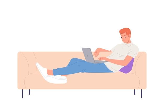 Vector ontspannen man freelancer stripfiguur op de bank met huiselijk comfort met behulp van laptopcomputer die thuis online werkt, film kijkt of een webinar traint dat leert op internet vectorillustratie