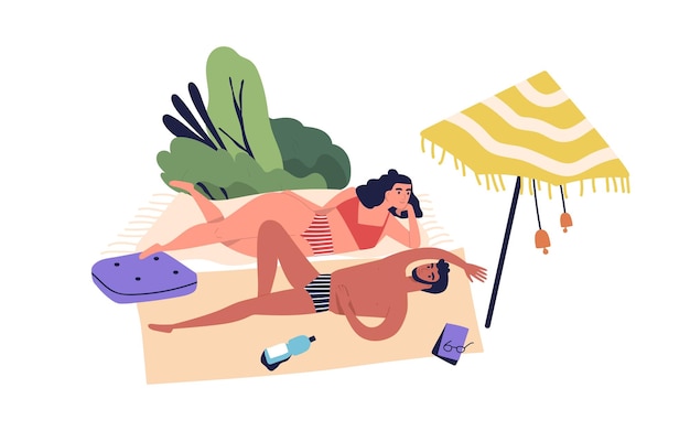 Ontspannen mensen, romantisch paar zonnebaden op het strand. mollige vrouw en man die lacht, liegen. zomervakantie, chill, lounge, rust onder parasol. cartoon vlakke afbeelding geïsoleerd op een witte achtergrond.