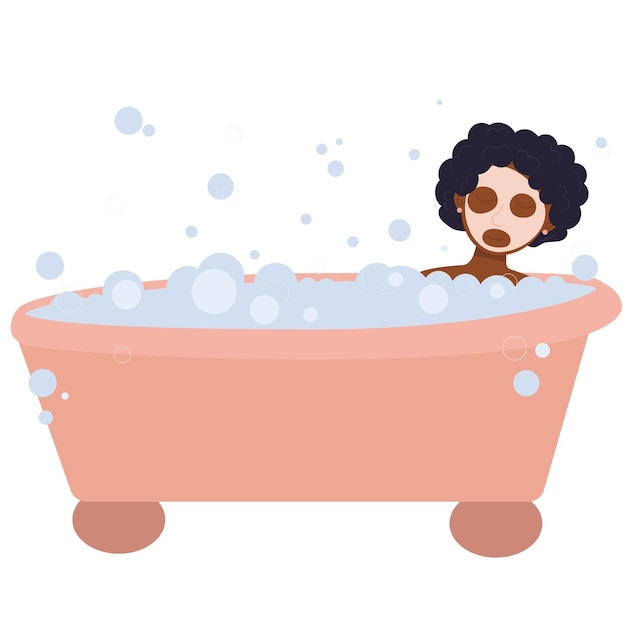 Ontspannen vrouw liggend in bad met gezichtsmasker en bubbelschuim. vrouw die een bad neemt. bubbelbad dag