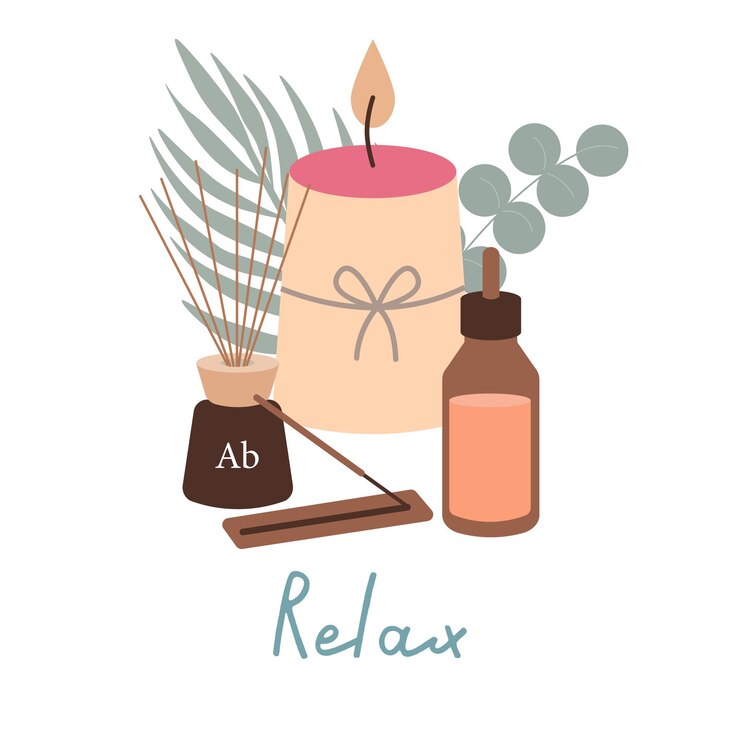 Vector ontspannende vector scène met meditatie items aroma olie kaars diffuser tropische planten