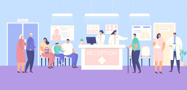 Ontvangst en mensenpatiënten in medische kliniek of het ziekenhuisillustratie.