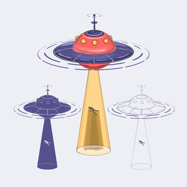 Ontvoering van de mens door UFO buitenaards ruimteschip. Wereld UFO-dag. vector illustratie