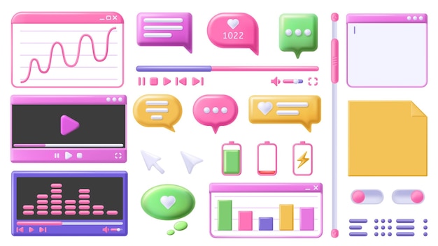 Ontwerp 3d-elementen videospeler-vensternotities en teksteditor-app schuifbalk ui-knoppen en kantoorgrafieken vectorset