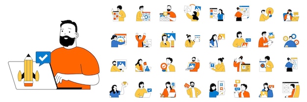 Ontwerp en ontwikkeling concept met mensen situaties mega set in plat web design bundel scènes van grafisch ontwerpen en coderen Vector illustraties voor sociale media banner marketing materiaal