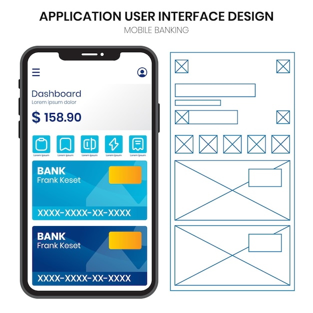 Vector ontwerp en wireframe van de mobiele gebruikersinterface van bankapplicaties