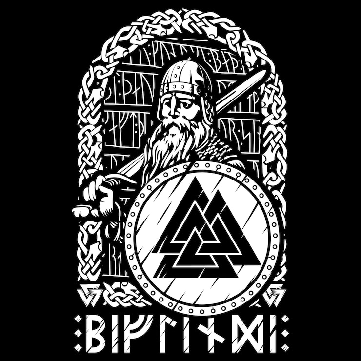 Vector ontwerp in oude noorse stijl oude noorse god wotan met zwaard en schild geschreven in runen biflindi de naam van de god odin