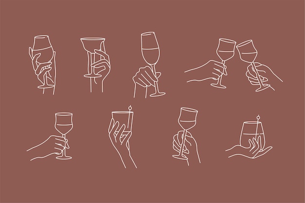 Ontwerp lineaire sjabloon tekenen of emblemen handen in verschillende gebaren glas drank