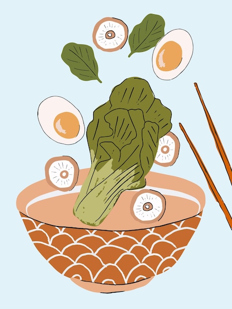 Vector ontwerp met de hand getekende ramennoedels. aziatisch ramengebrul met geïsoleerde ingrediënten. cartoon afbeelding