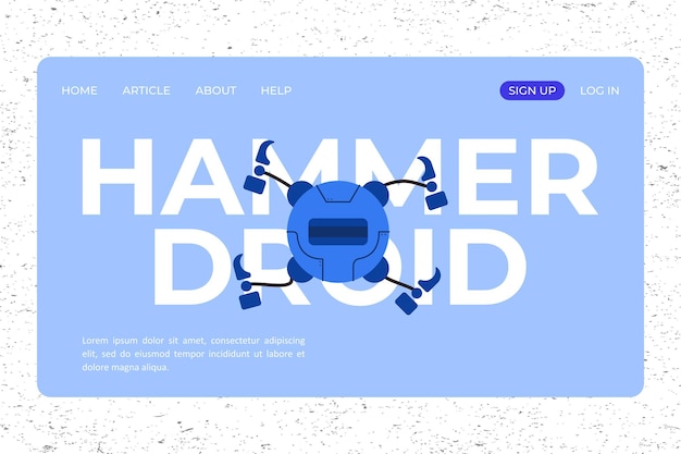 Ontwerp van bestemmingspagina met hamerrobotillustratie in blauwe kleur voor websitesjablonen