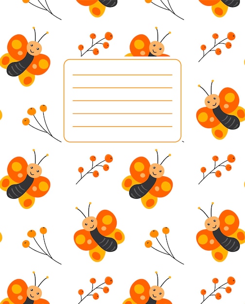 Ontwerp van covers voor notebooks planners met het beeld van grappige vlinders en takjes met bessen