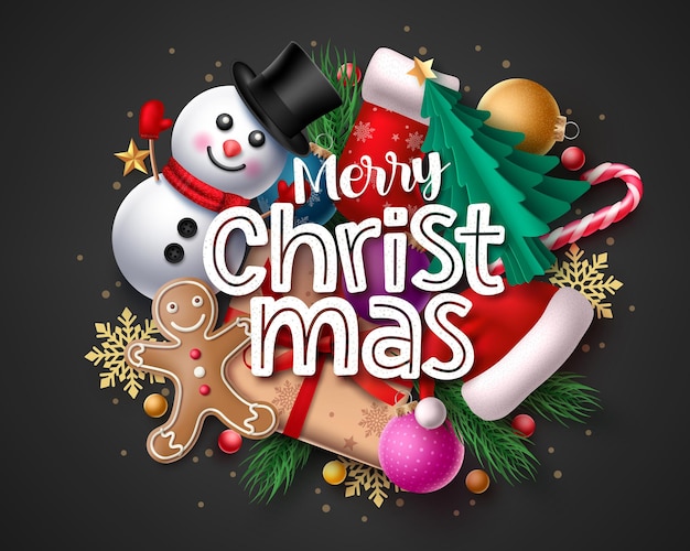 Ontwerp van de banner van de tekstvector van Kerstmis Merry christmas-begroetingstekst met kleurrijke xmas-elementen