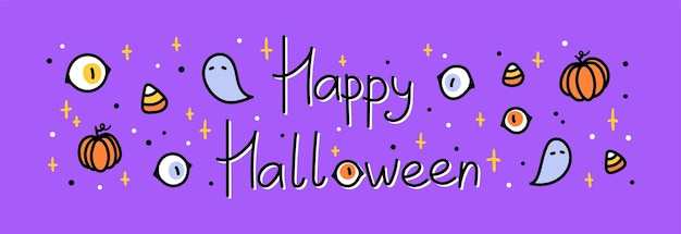 Vector ontwerp van een halloween-banners met ogen spoken pompoenen sterren gekleurde doodle-elementen met de inscriptie happy halloween