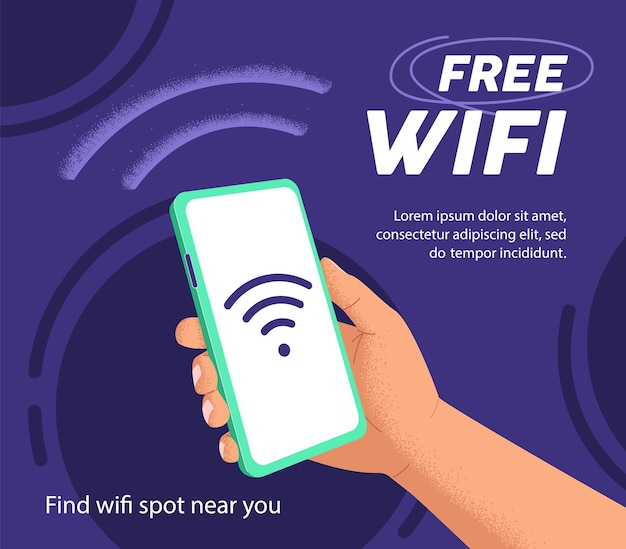 Ontwerp van een kaart met informatie over beschikbare hotspots van gratis WIFI Persoon houdt een mobiele telefoon in de hand zoekt internettoegang verbindt zich met een smartphone in een WIFI-zone Vlakke vectorillustratie