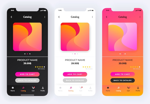 Ontwerp van een online winkel-app in drie variaties, donker thema, origineel thema en gekleurde verloopstijl. mobiele app
