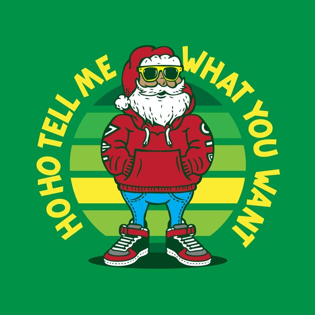 Ontwerp van het karakter van de mascotte van de kerstman in street wear-outfit