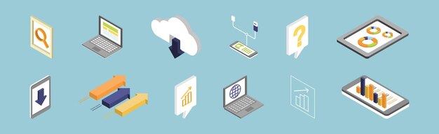 Ontwerp van infografische elementen voor bedrijven met cloudopslag van kaarten en isometrische vector van elektronische apparaten