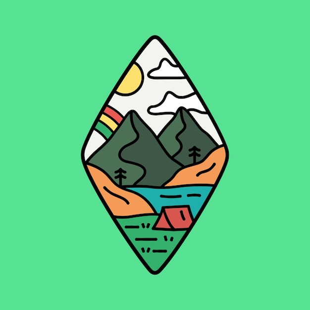 Ontwerp van natuurbergkamperen met regenbooghemel voor badge sticker patch t-shirtontwerp enz.