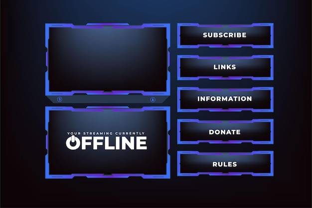 Ontwerp van online gebruikersinterface met donkerblauwe kleur Eenvoudig gaming-schermpaneel en overlay-ontwerp met offline schermvector Live streaming-overlay en de uitzendgrens met abstracte vormen