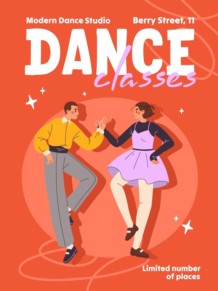 Vector ontwerp van promotie van dansers school dansmeesterklasse evenement poster advertentie sjabloon van muziekprestaties of lindy hop twist jazz tap step lessen in studio platte vector illustratie