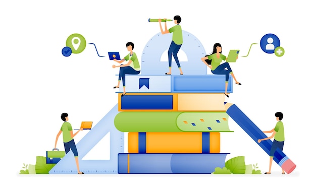 Ontwerp van studenten zitten op stapels boeken om betere kennis en toegang tot educatieve geletterdheid te krijgen Illustratie voor bestemmingspagina's websites posters banners mobiele apps web sociale media advertenties enz