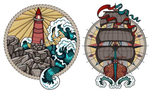 Ontwerp vector set met kleurrijke emblemen van vuurtoren met zee golven en antieke zeilboot