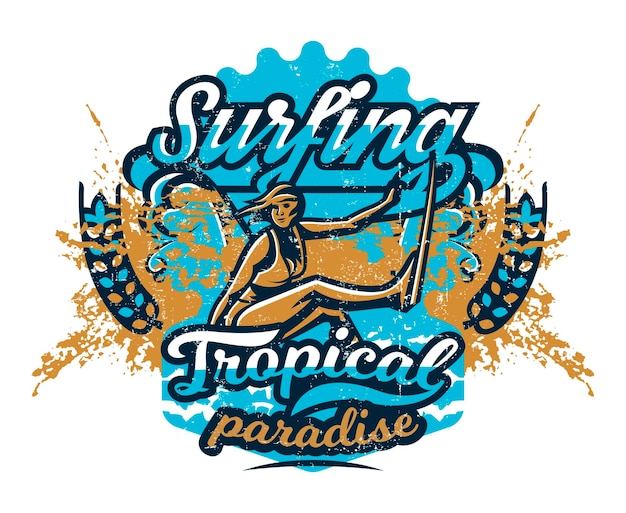 Ontwerp voor afdrukken op een tshirt meisje surfer drijvend door de golven Extreme sport strand zonnige kust belettering tekst Vector illustratie grunge effect