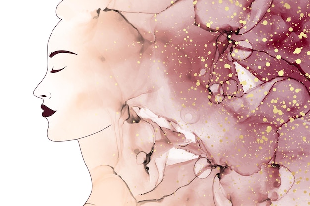 Vector ontwerp voor schoonheidssalon met vrouw gezicht en roze aquarel golven met gouden glitter