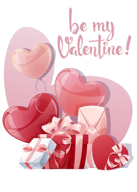 Vector ontwerp voor valentijnsdag en moederdag posterbanner met ballonnen en geschenkdoos achtergrond met vliegende heliumballonnen in de vorm van harten