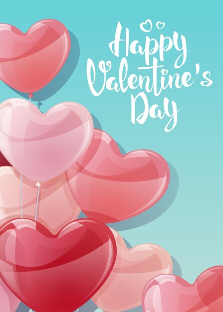 Vector ontwerp voor valentijnsdag en moederdag posterbanner met ballonnen op een blauwe achtergrond achtergrond met vliegende heliumballonnen in de vorm van harten