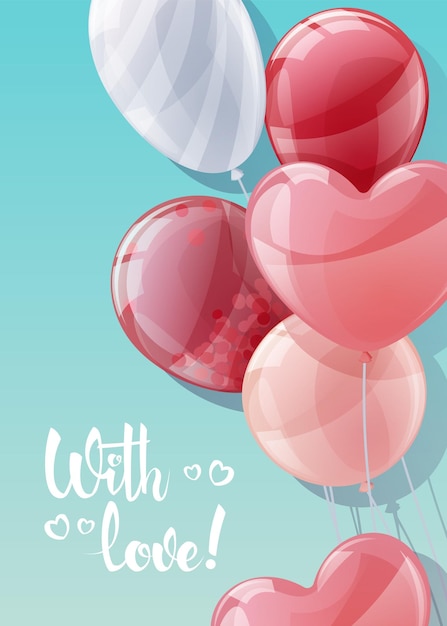 Ontwerp voor valentijnsdag en moederdag posterbanner met ballonnen op een blauwe achtergrond achtergrond met vliegende heliumballonnen in de vorm van harten