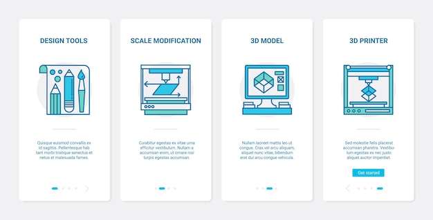 Ontwerpapparatuur ux, ui onboarding mobiele app-paginaschermset met lijnontwerptools