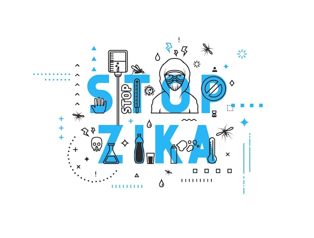 Ontwerpconcept epidemie van stop zika-virus. Moderne lijnstijl illustratie. Concepten van woorden stoppen het zika-virus, stijl dunne lijntekeningen, ontwerpbanners voor website en mobiele website. Gemakkelijk te bewerken.