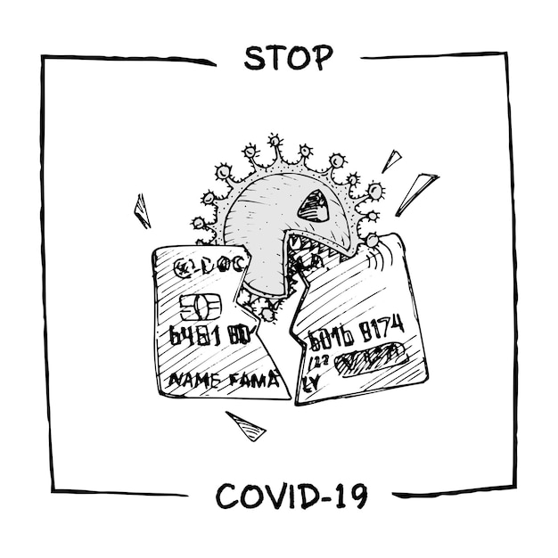 Ontwerpconcept van medische sociale economische en financiële informatie agitatieposter tegen coronavirusepidemie met tekst Stop Covid19 Sketch-stijl