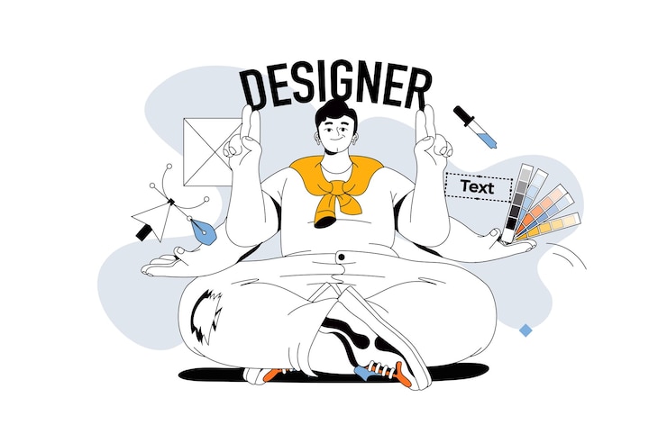 Ontwerper werkt concept met mensenscène in platte lijnontwerp voor web Man tekenen en ontwerpen met digitale hulpmiddelen en kleurenpalet Vectorillustratie voor sociale media banner marketingmateriaal