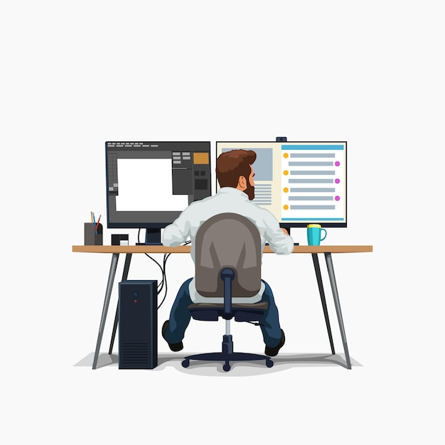 ontwerper zittend aan een bureau en werken op wit wordt geïsoleerd