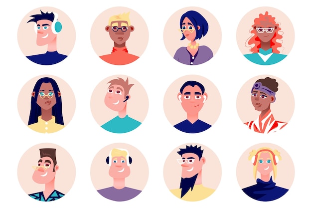 Ontwerpers mensen avatars geïsoleerde set Portretten van vrouwelijke en mannelijke mascottes die als kunstenaars werken